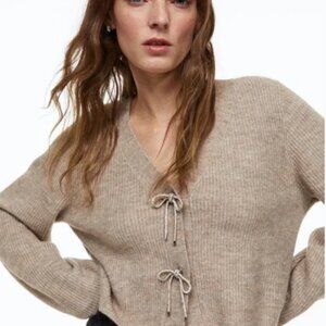 H&M Rhinestone Bow Cardigan Sweater Ribbed Beige Taupe Wool Blend Oversized XL